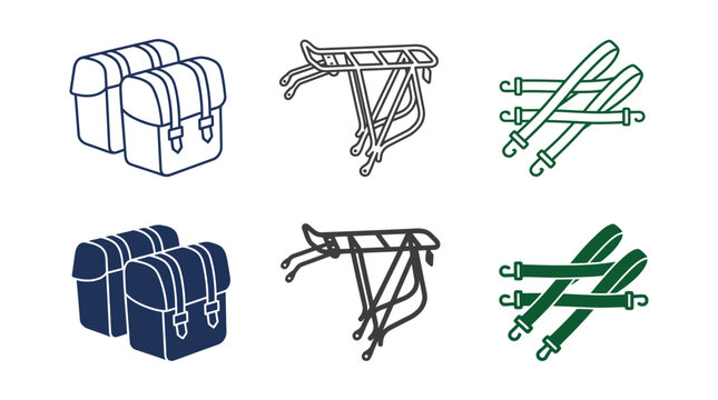 Bicycle touring and transport accessories icon set featuring panniers cargo rack straps panniers transport