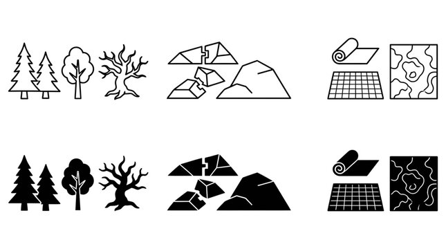 Trees rock formations topographic map icons set with topography landscape environment evergreen deciduous