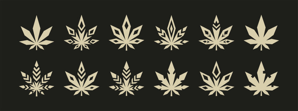 Stylized cannabis leaf icons collection with geometric marijuana and hemp leaf vector designs