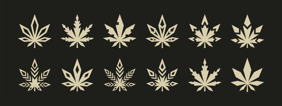 Minimalist geometric cannabis leaf icon set with twelve abstract marijuana leaf designs on dark background