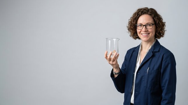 Female science educator holding empty clear beaker