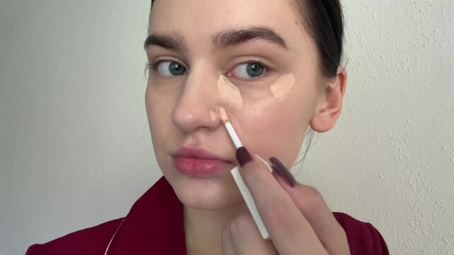 Woman applying concealer on her face demonstrating a beauty routine, showing self-care for smooth skin, using a cosmetic product, preparing for daily makeup.