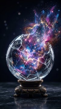 Cracked crystal ball releasing colorful galaxy, cosmic explosion