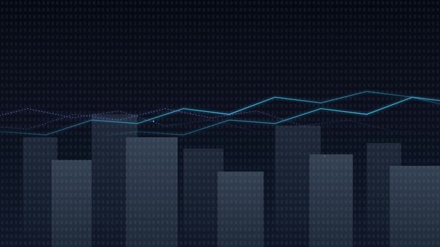 financial district with moving stock market charts