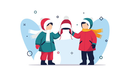 Fototapeta premium Two cute children in winter coats and scarves share a red and white knitted winter hat while standing in front of a blue and white background design.