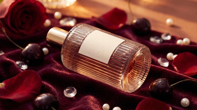 Luxury perfume bottle mockup on red velvet with rose and cherries