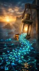 Fototapeta premium Lantern releasing glowing shapes onto ocean waves at sunset