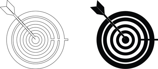 Target with arrow hitting bullseye, outline and solid black icons, vector illustration design. © Rita