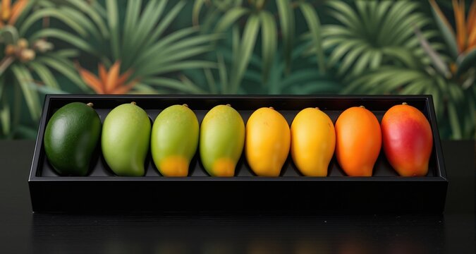A sleek black lacquer box contains seven identical mangoes in a row. Leftmost mango is dark green (unripe). Color change: dark green &rarr; light green &rarr; green with yellow tip &rarr; yellow-green &rarr; bright yello