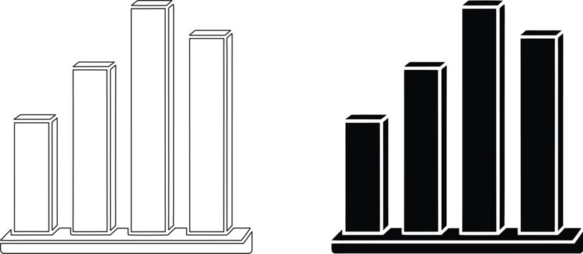 Three dimensional bar graph icon showing financial progress in linear and filled versions.