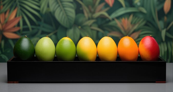 A sleek black lacquer box contains seven identical mangoes in a row. Leftmost mango is dark green (unripe). Color change: dark green &rarr; light green &rarr; green with yellow tip &rarr; yellow-green &rarr; bright yello