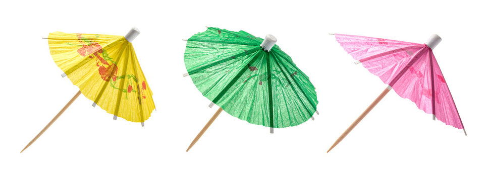 Three Colorful Cocktail Umbrellas Isolated on Transparent Background
