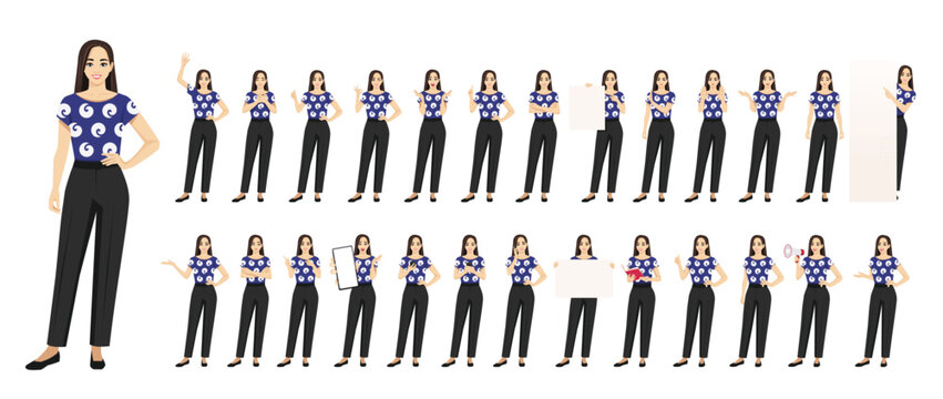 Big set of businesswoman character in different poses and gestures standing full length. Female office worker collection isolated on white background. Vector illustration