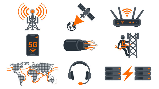 Global communication and network technology icons for connectivity and data transmission