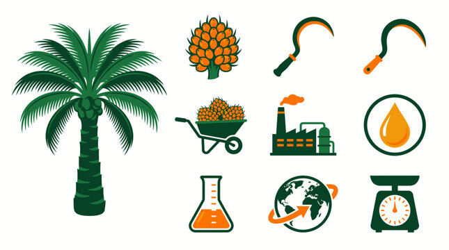 Sustainable Palm Oil Industry Vector Icons Cultivation, Harvesting, and Processing Set
