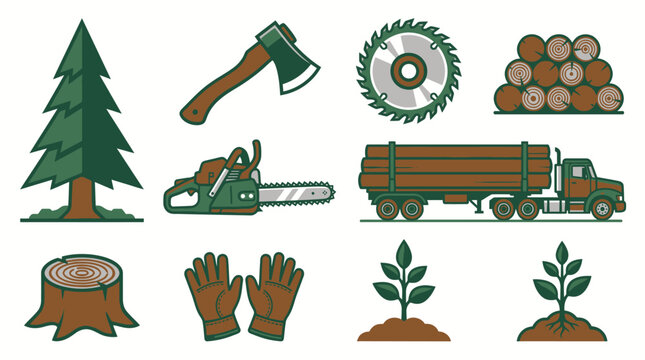 Comprehensive Vector Icon Set for Forestry and Logging Industry