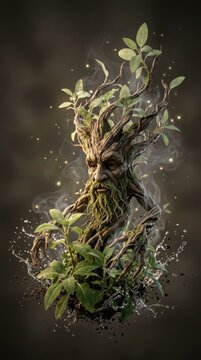 Ent face figure, ancient tree, with moss and leaves, water splashes
