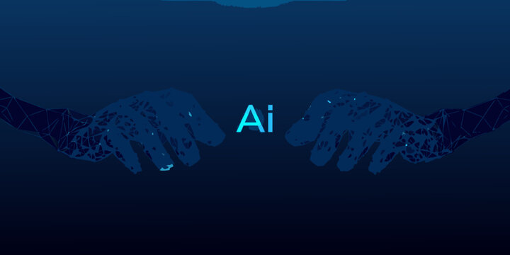abstract hands with network connection and ai text