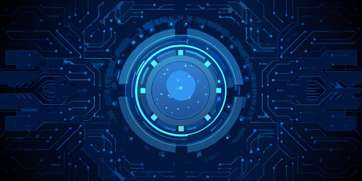 futuristic circular interface with glowing blue circuit pattern