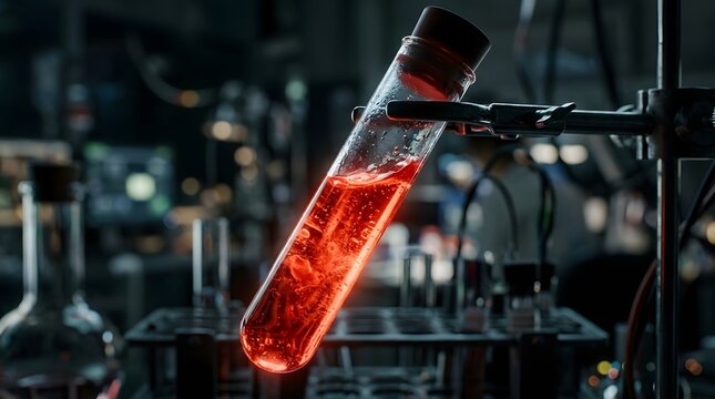 Laboratory test tube with red liquid on a metal stand