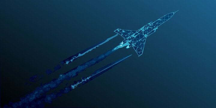 wireframe jet fighter with contrail futuristic polygonal illustration