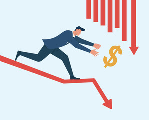 Businessman running down a crashing red market chart trying to catch a falling dollar sign in a financial crisis, Financial Loss and Market Crash, Chasing Falling Currency, Economic Downturn Graph © Red X and Co