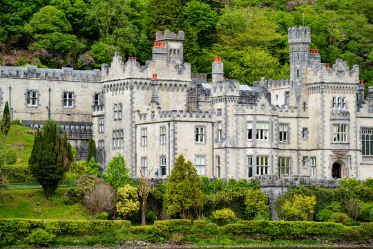 Kylemore Abbey stands on Pollacappul Lough below Druchruach Mountain in Connemara, County Galway. A famous neo Gothic landmark in western Ireland.