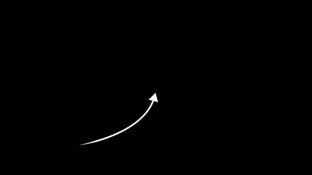 Wavy white solid arrow animation following a smooth path on black background, glowing target pointer icon for motion graphics and 4k video overlay.