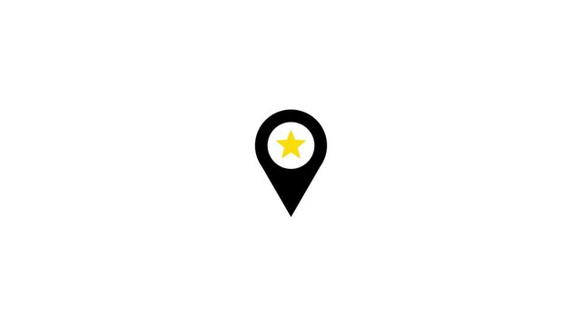 Black map pointer icon with yellow star on white background, minimalist location marker for premium destinations and favorite places navigation 4k loop.