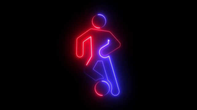 neon football player icon animation on black background, glowing red  and blue soccer symbol motion graphics in 4k. goal calibration icon  animation video.