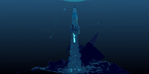 space rocket launch low poly vector illustration with blue tones © Tarun