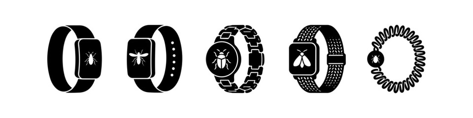 Set of insect repellent wristband icons in various styles, featuring bug silhouettes for mosquito and pest protection during outdoor activities. Black and white vector illustrations. © Nort Kor