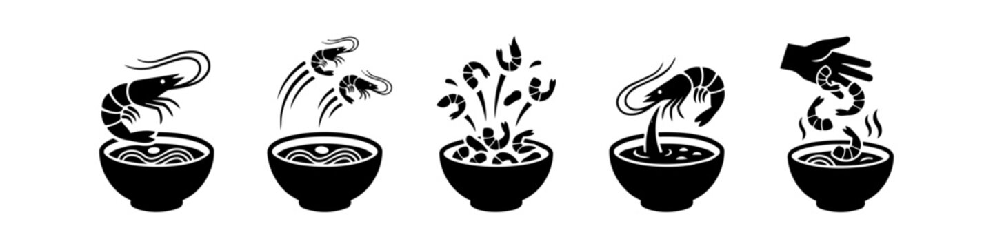 Set of black silhouette icons featuring shrimp noodle soup bowls with dynamic prawns jumping, splashing, and being added by hand. Isolated on white background.