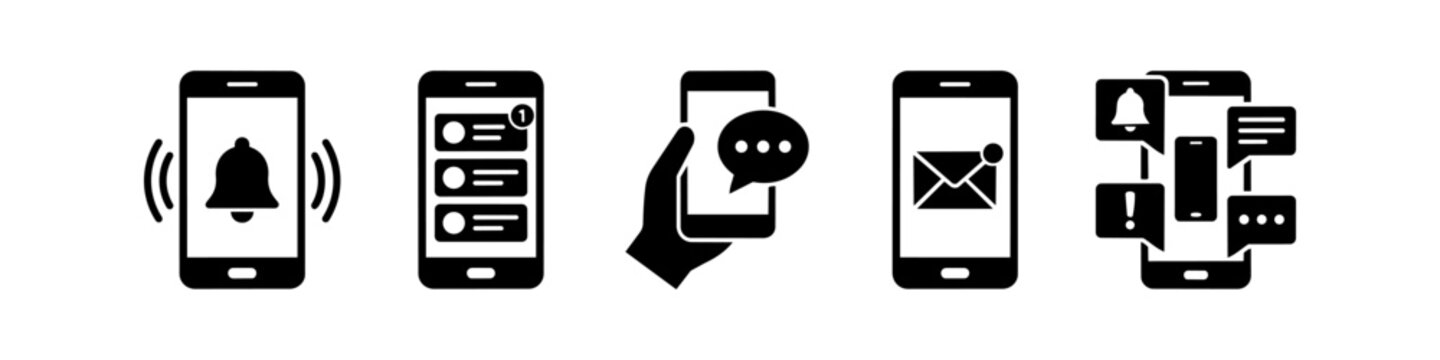 Set of minimalist smartphone notification icons featuring alerts, incoming messages, emails, and chat notifications on mobile devices. Clean flat vector design for app and web interfaces.