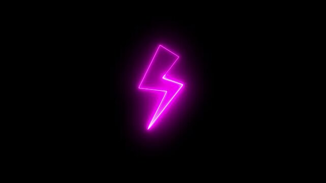 Neon lightning icon animation, flickering emergence and fading. Glowing neon thunderbolt sign, looped animation. Thunder lightning, storm, electric energy, electricity charge. 4k videos