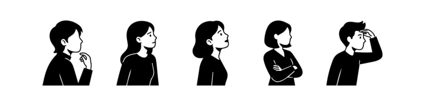 Vector set of minimalist black and white icons featuring diverse people in profile. Characters shown thinking, searching, and looking ahead, ideal for avatars or social media graphics.