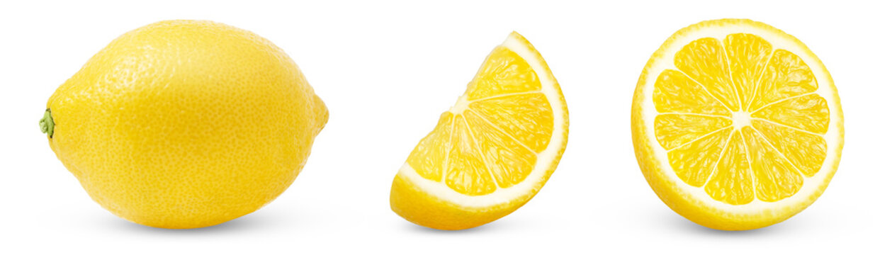Lemon fruits set, slice and half isolated on a white. Collection of fresh and juicy lemons with clipping path