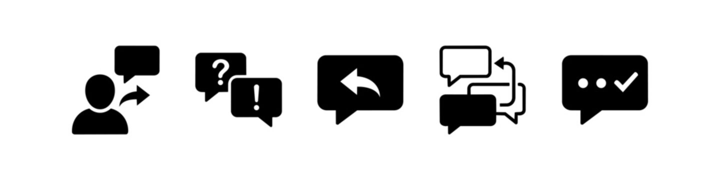 A collection of five black communication icons on a white background. Featuring symbols for chat, messaging, replies, questions, and message confirmation for web and mobile application UI design.