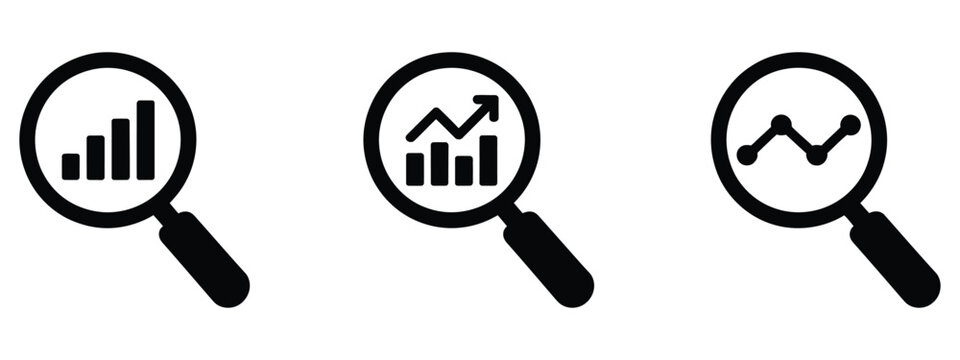 Magnifying glass icon set showing graphs and charts for data analysis, market research, and business intelligence visualization elements