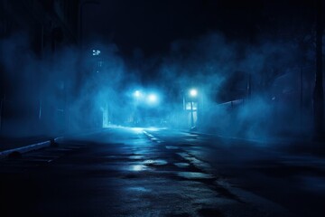 Fototapeta premium Urban street scene with blue streetlights cutting through thick mist on a dark night