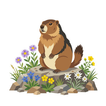 Cute marmot sitting on rocks with alpine flowers