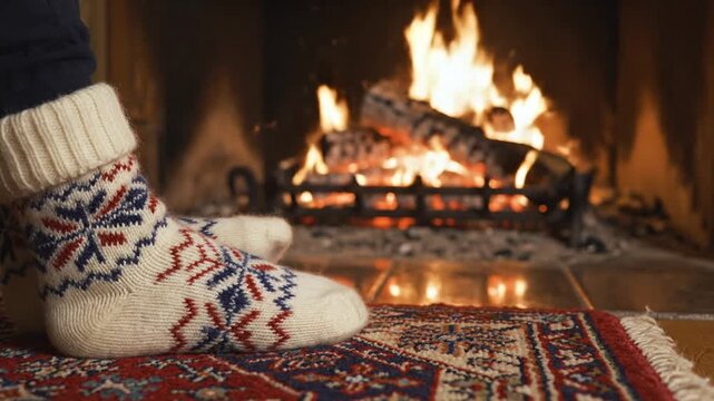 Cozy feet in patterned socks by a fireplace with burning wood
