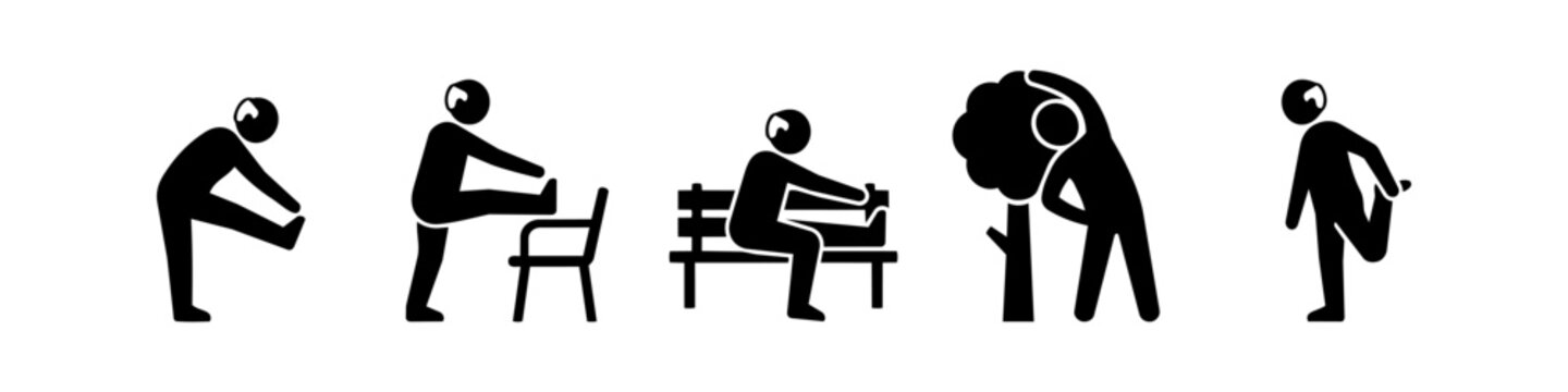 Vector illustration of a senior man performing various stretching exercises outdoors. Minimalist black pictograms on white background depicting healthy aging, fitness, and active lifestyle.