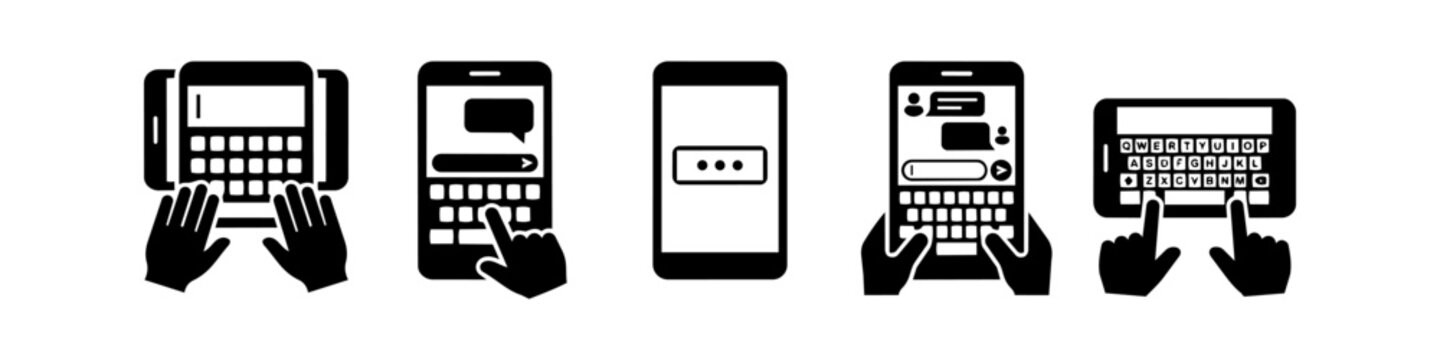 A series of black and white icons illustrating mobile phone interactions, including typing on a QWERTY keyboard, sending messages, and entering passwords.