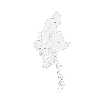 Myanmar political map of administrative divisions - states, regions and Naypyitaw Union Territory. Grey handdrawn doodle style map with black outline borders and name labels.