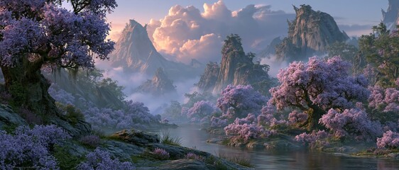 Fototapeta premium Dreamy pink flower blossom forest under sunset light, romantic spring nature landscape with soft glow, floral scenery, and peaceful fantasy mood. 
