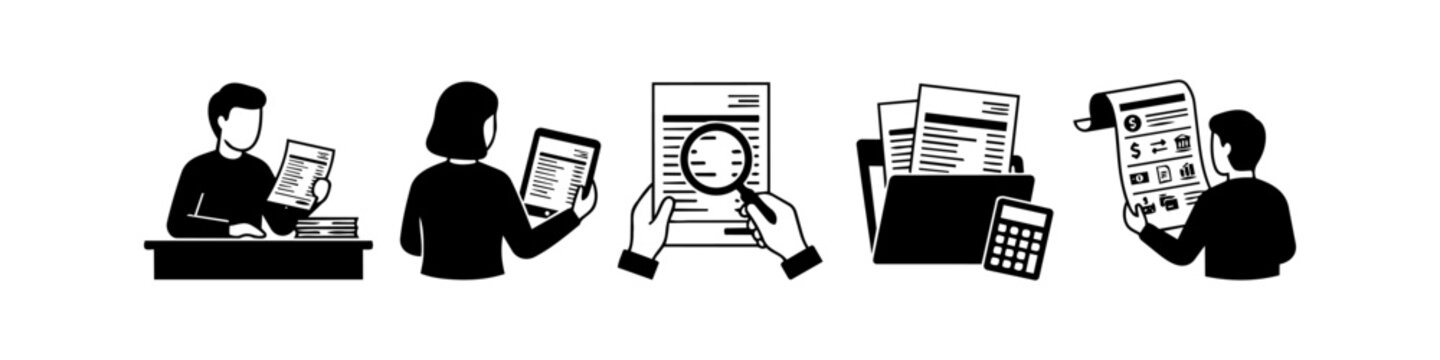 A collection of black and white icons depicting financial auditing, accounting tasks, and document management, including people reviewing records, calculators, and magnifying glasses.