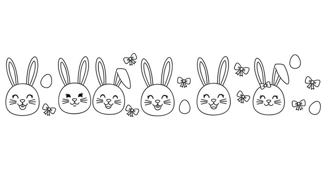 Cute border of hand drawn Easter bunny faces with bows and eggs in a simple black and white coloring book style.