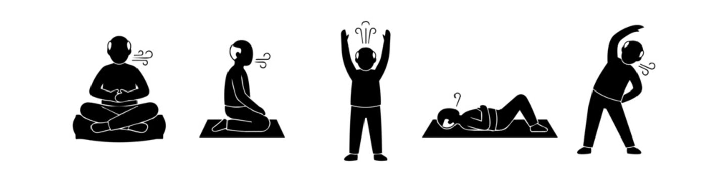 Set of stick figure icons showing an older man practicing breathing exercises and light yoga stretches for wellness and relaxation.