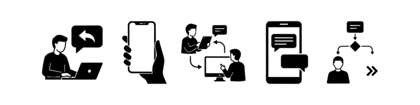 Set of black and white flat icons illustrating digital communication, mobile technology, online collaboration, workflow processes, and customer support concepts on a white background.